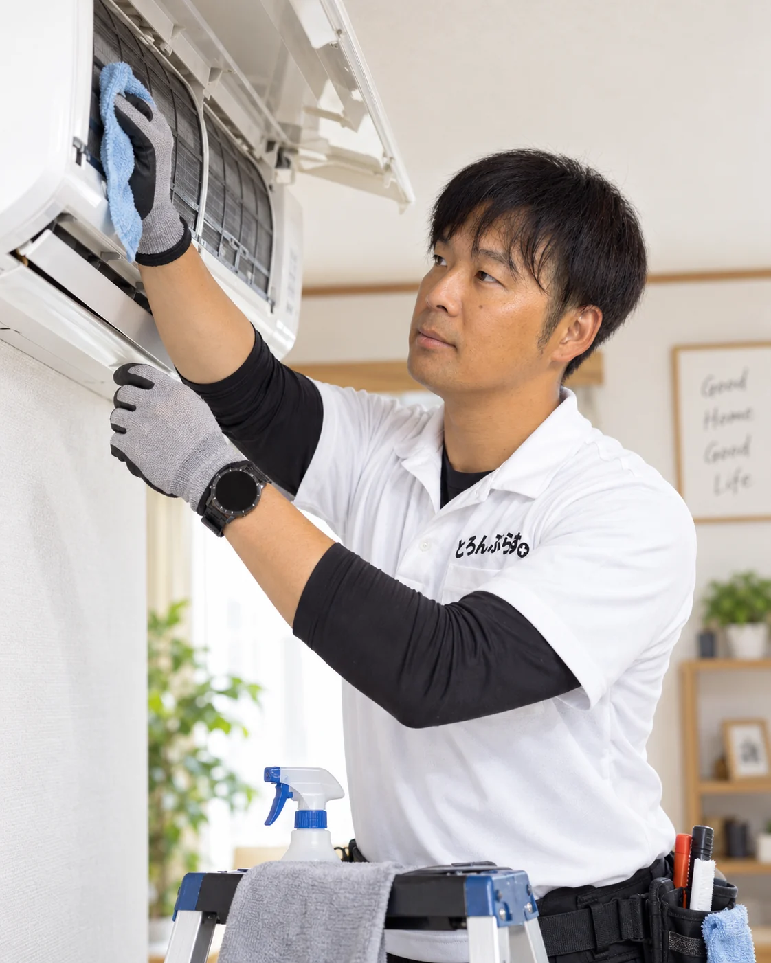 室内機のエアコンクリーニングをする、便利屋とろんぷらすの作業の様子