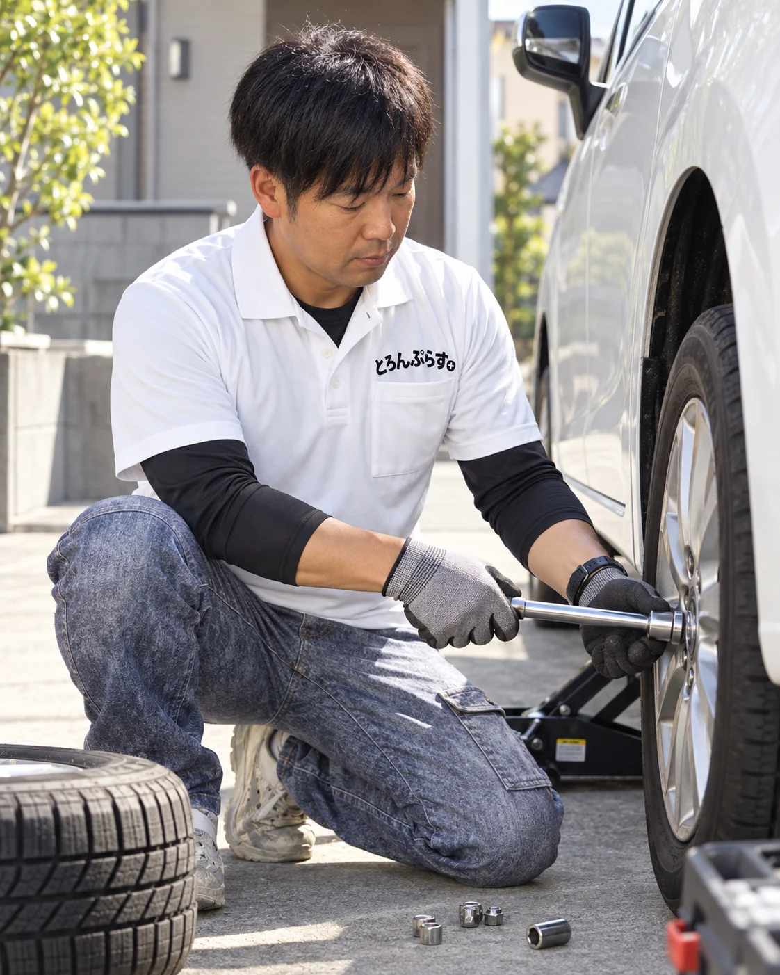 車の季節タイヤ交換をする、便利屋とろんぷらすの作業の様子